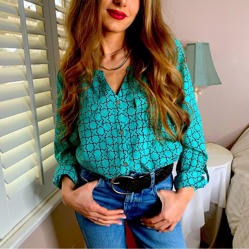 4 LEFT S-L Chic Spring Stretchy Turquoise Long Sleeve Blouse Shirt Top - Picture 4 of 5